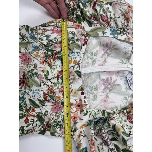 Dainty Floral Mini Dress linen floral Botanical Print Puff Sleeve 4 XS - Picture 12 of 16